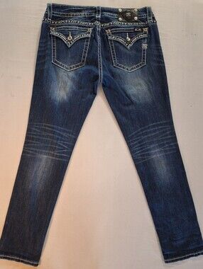 Miss Me Dark Blue Signature Skinny Jeans with Embroidered Stud Back Pockets 32